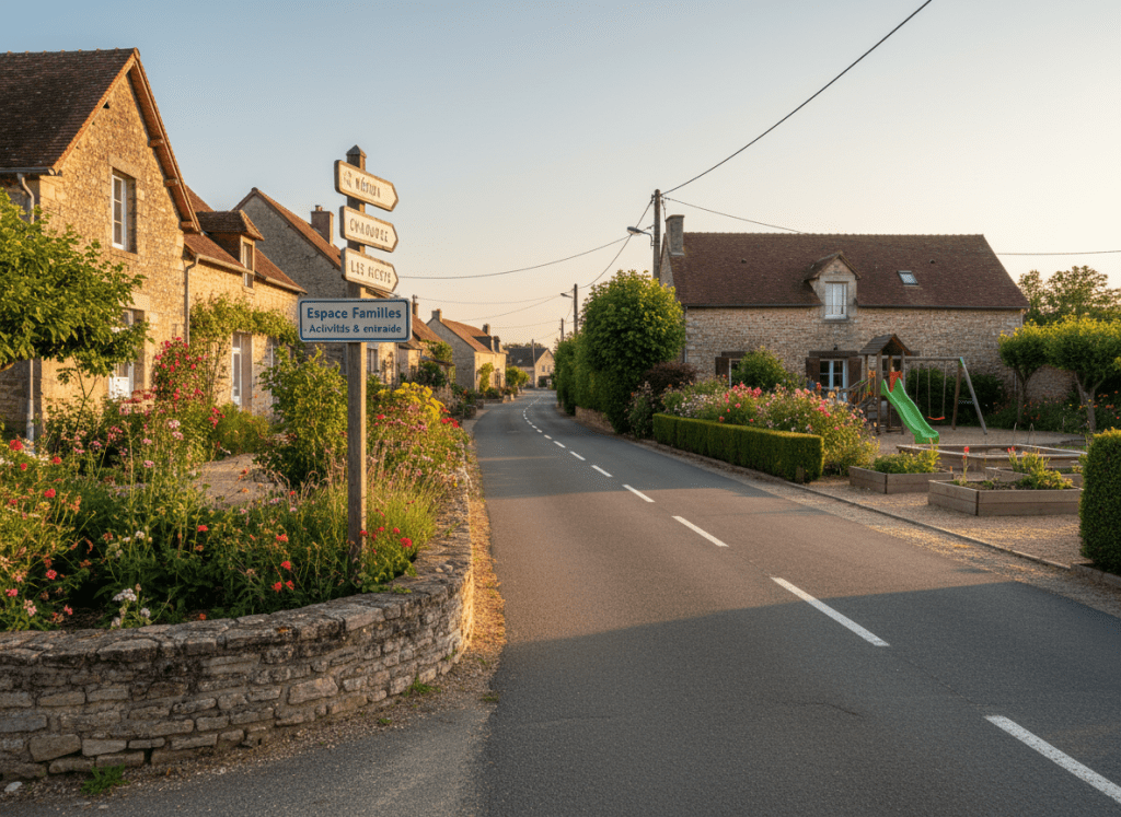 A sunlit rural French lane in the Aube, bordered by well-tended stone houses and spacious gardens, with a clearly visible directional signpost indicating nearby villages and a panel reading “Espace Familles – Activités & entraide.” The asphalt road is smooth and clean, with white markings, and a small well-maintained playground and community garden appear in the middle distance. Warm golden-hour light casts long, soft shadows from trees and fences, enhancing the textures of leaves, stone, and gravel. Shot from a low, slightly diagonal angle in photographic realism, the composition leads the eye along the road toward the sign, conveying a sense of direction and connection. The atmosphere is serene, optimistic, and organized, symbolizing mobility, access to services, and local solidarity for rural families.