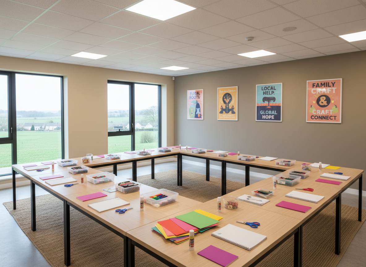 An interior view of a modern multi-purpose room in a village center, arranged for a family workshop: sturdy rectangular tables in light beech arranged in a U-shape, each with neatly stacked craft materials, notebooks, and labeled storage boxes. The walls are painted in soft neutral tones with a few colorful yet tasteful posters about rural initiatives and local solidarity. Large windows along one side reveal a blurred landscape of fields and trees. Overhead, energy-efficient ceiling panels cast even, soft white light, eliminating harsh shadows. Captured at eye level with photographic realism, the composition is balanced and uncluttered, showing sharp detail from foreground to background. The mood is practical, welcoming, and structured, reflecting a professional organization preparing inclusive activities and support sessions for families in rural communities.