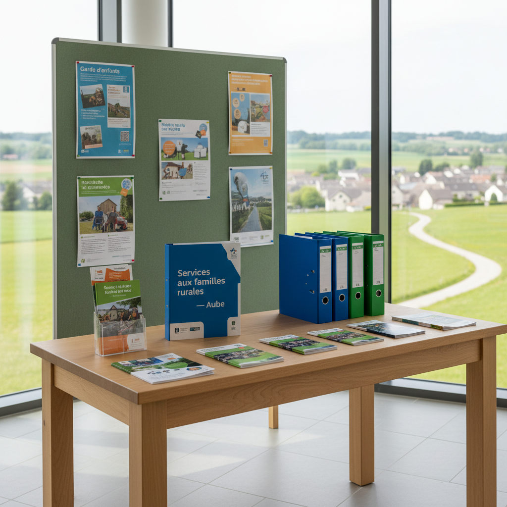 A bright, well-organized rural resource corner in a modern municipal building, featuring a sturdy light-wood information table neatly arranged with colorful brochures, binders, and a prominently displayed folder labeled “Services aux familles rurales – Aube.” Behind, a bulletin board in muted green showcases clearly pinned posters about childcare, mobility, and local initiatives, framed by a large window overlooking soft-focus fields and village rooftops. Diffused daylight fills the room, creating a calm, professional atmosphere with soft shadows under the table. Captured from a slightly elevated angle in photographic realism, the composition emphasizes clarity and accessibility, with a sharp foreground and gentle bokeh background. The mood is reassuring and informative, highlighting structured support and practical resources for rural families.